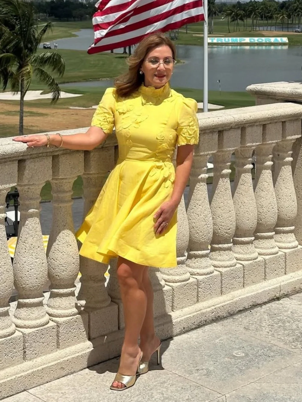 NWT Antonio Melani Iris Linen Floral Appliqué Sunshine Yellow Mockneck Dress